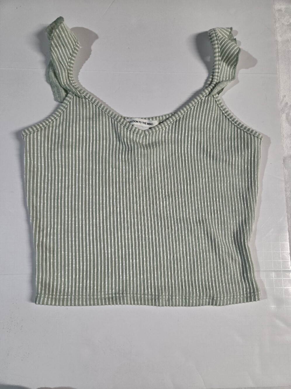 Caution To The Wind Green and White Striped Ruffle Strap Tank